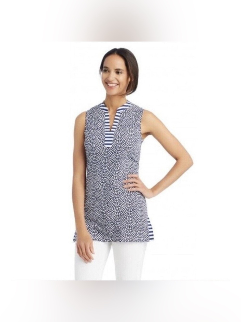 J. McLaughlin Boca Tunic Top Catalina Cloth Sleeveless V-Neck Band Collar Preppy